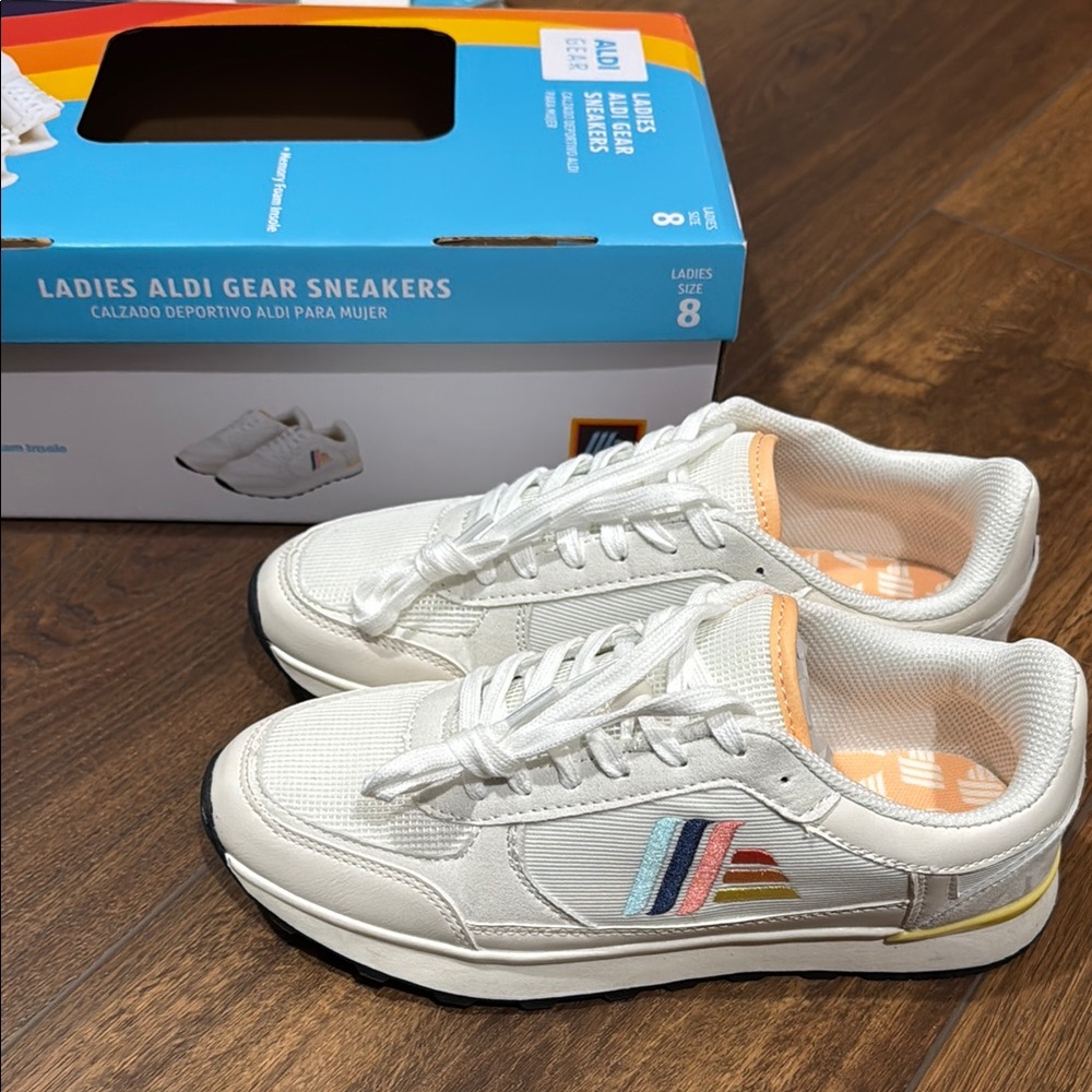 Ladies Aldi Gear Sneakers - White with Multicolor Stripes